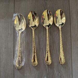 Golden Enchanted Rose Unmarked Gold Plated‎ 4 Oval Place Soup Spoon Flatware